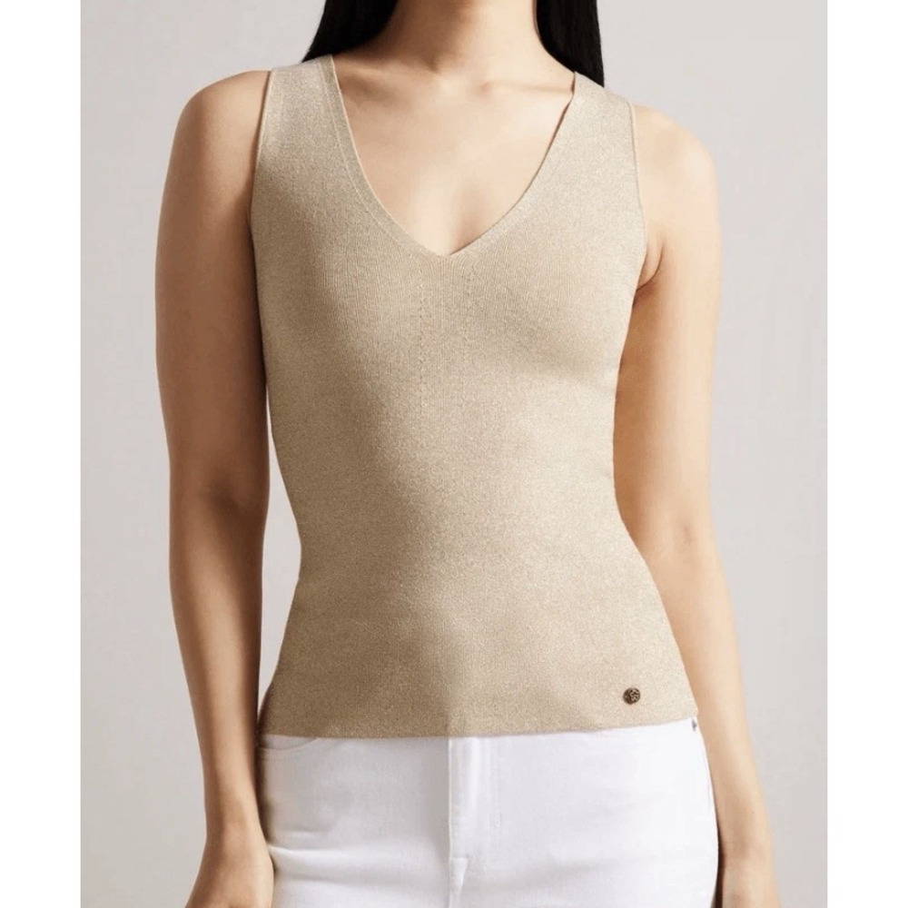Ted Baker Women's Sleeveless Sweater Tank Top Metallic Gold Deep V Neck Size 1